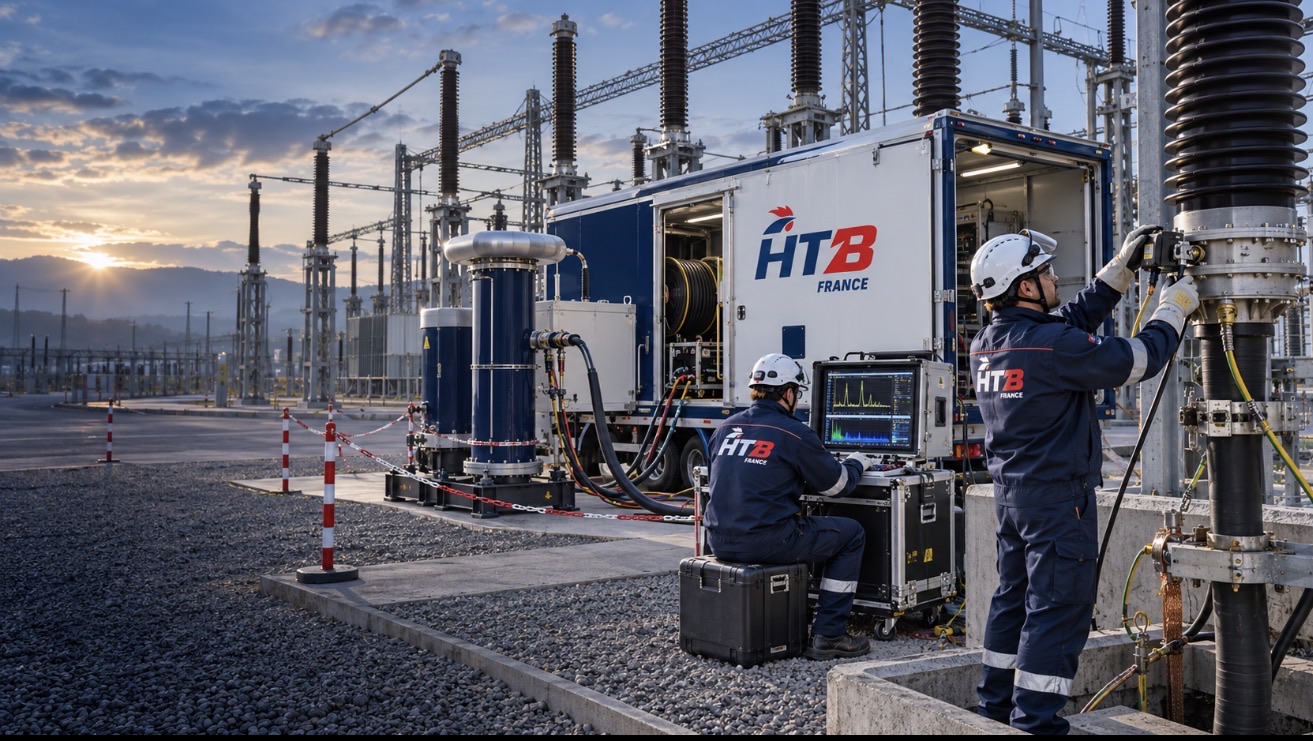 Camion laboratoire et techniciens réalisant un diagnostic dans un poste source très haute tension, au coucher du soleil
