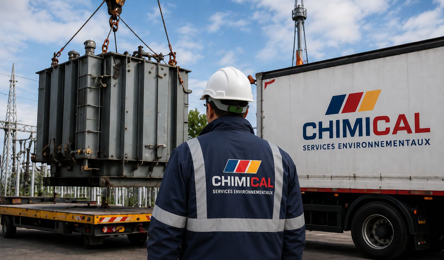 Technicien Chimical supervisant le levage d’un transformateur de puissance sur un poste électrique