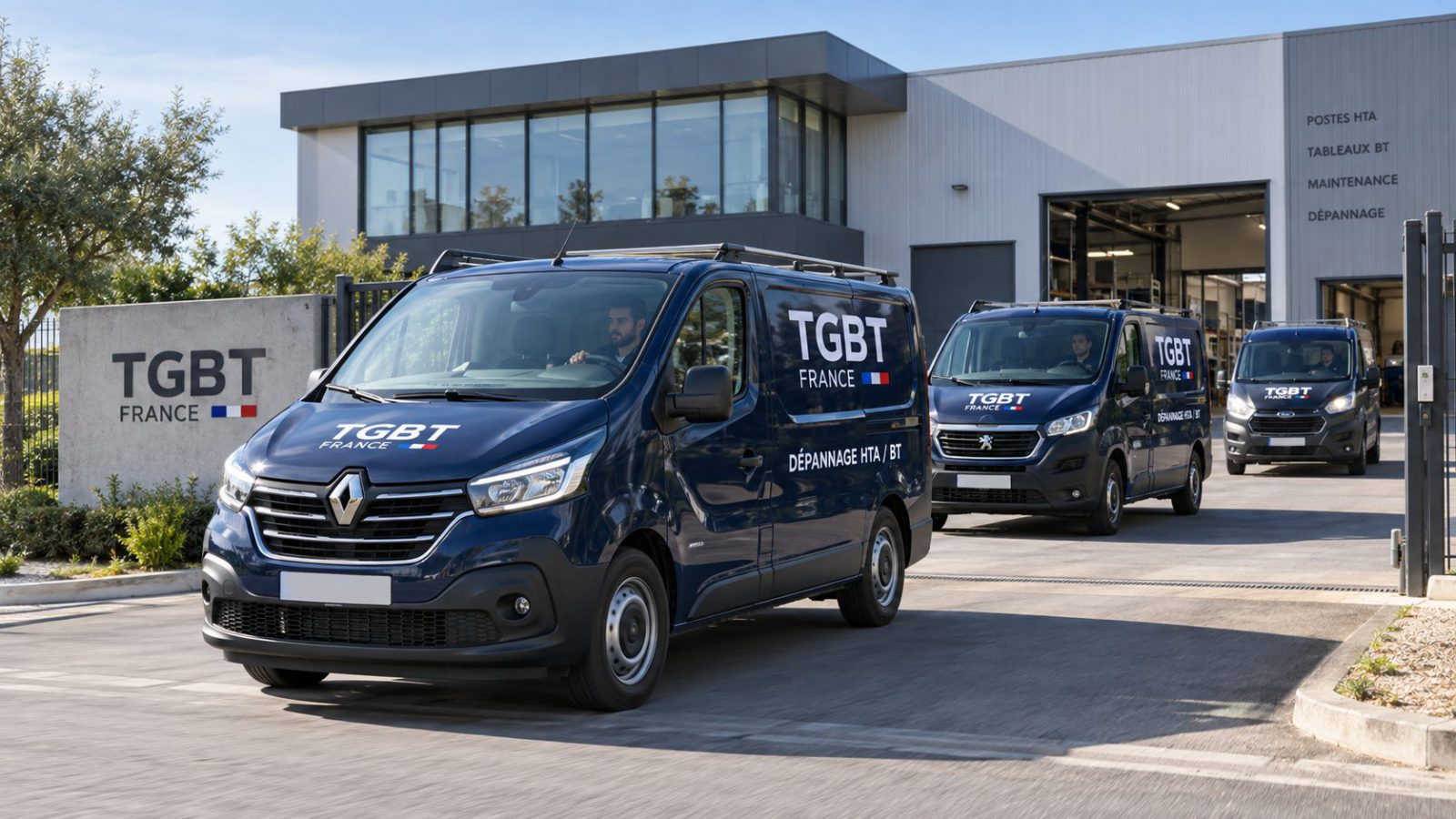 Véhicules d’intervention et de dépannage HTA/BT de TGBT France devant les locaux de l’entreprise